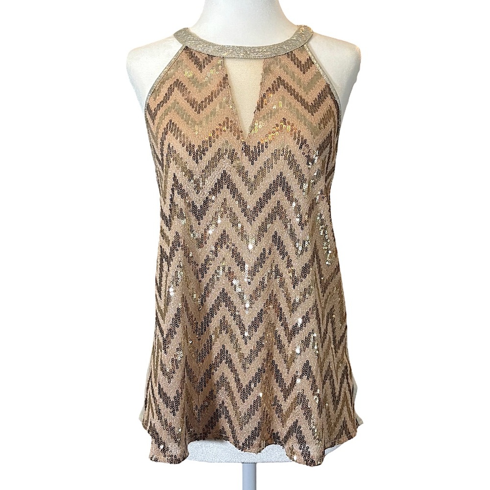 Vintage Y2K Miss Me Halter Sequin Mesh Chevron Metallic Gold Glam Tank Top Small